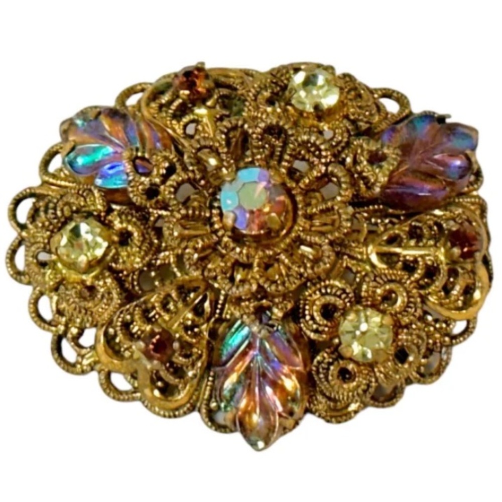 VTG 50’s Germany Filigree Fruit Salad Rhinestone Brooch Scarf Ring